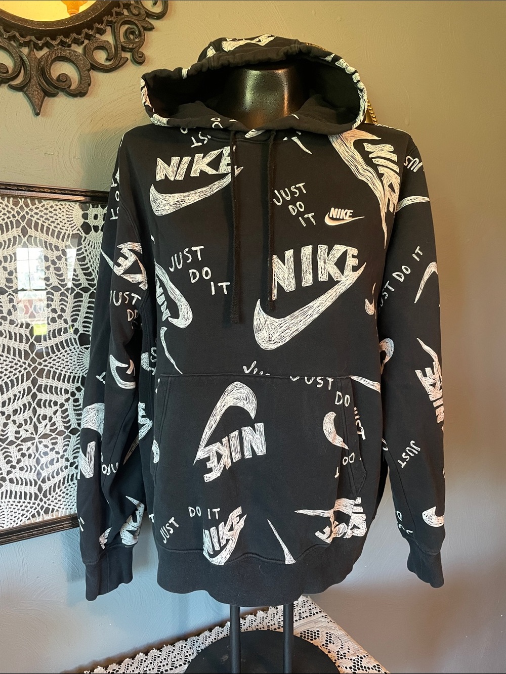Nike Black Hoodie with White All-Over Logo Print - Men